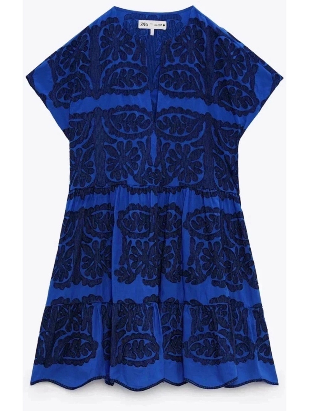 Zara Blue Black Embroidered Cotton Ruffle Hem Mini Peasant Dress XS - Picture 5 of 8